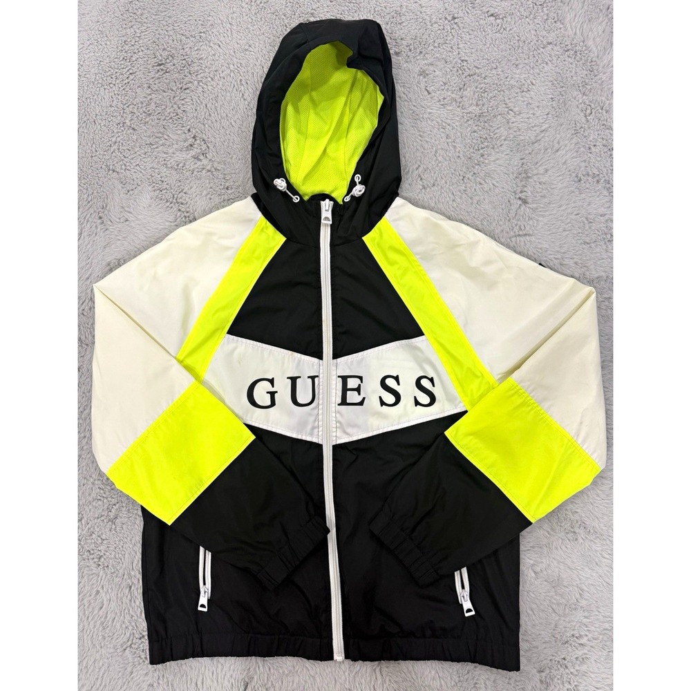 GUESS Hooded Full Zip Windbreaker Jacket Black White Yellow Men's Large